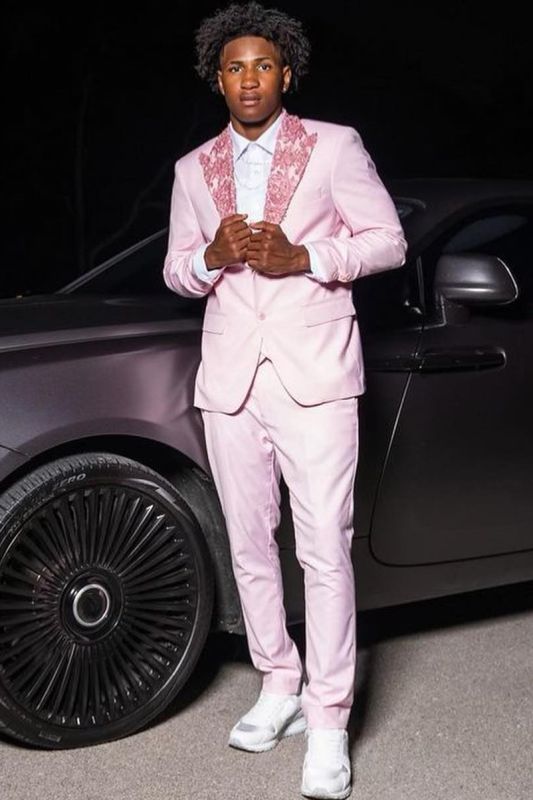 Pink Lace Peaked Lapel Two Piece Prom Suit