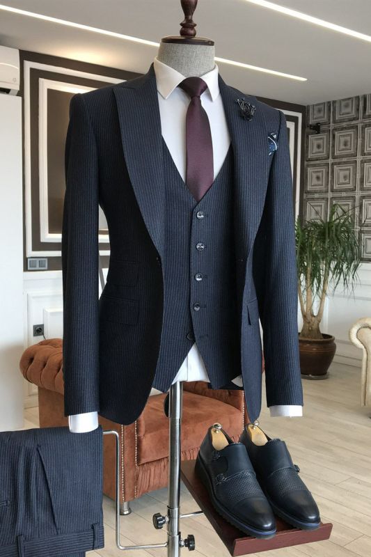 Earl Gentle Navy Velvet Three Piece Point Lapel Business Men Suit