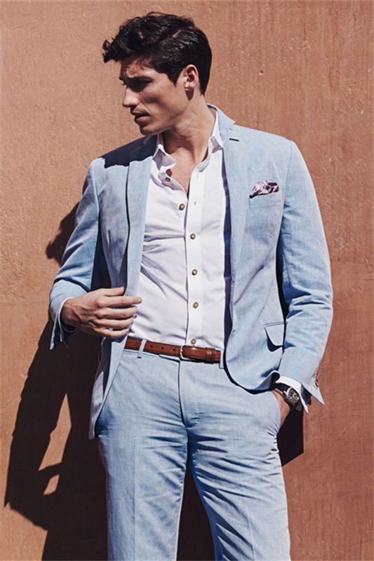 Fashion Casual Sky Blue Summer Men Suit | 2 Piece Men Linen Beach Wedding Suit