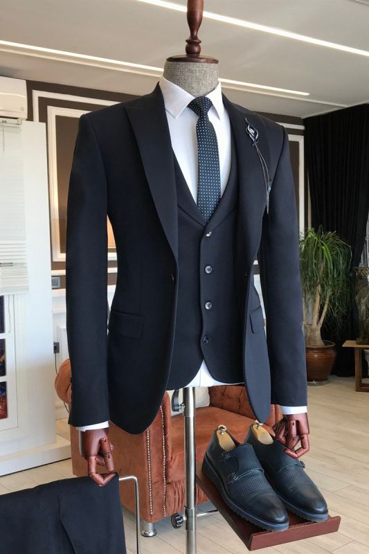 Andre Navy Blue Point Lapel Three Piece Formal Business Men Suits