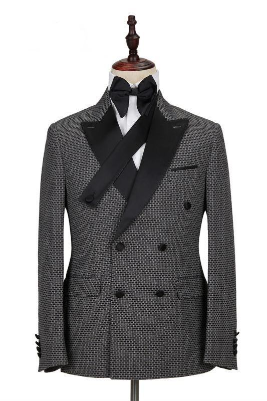 Modern Black-and-Gray Cruciform Satin Peak Lapel Double Breasted Men Formal Suit