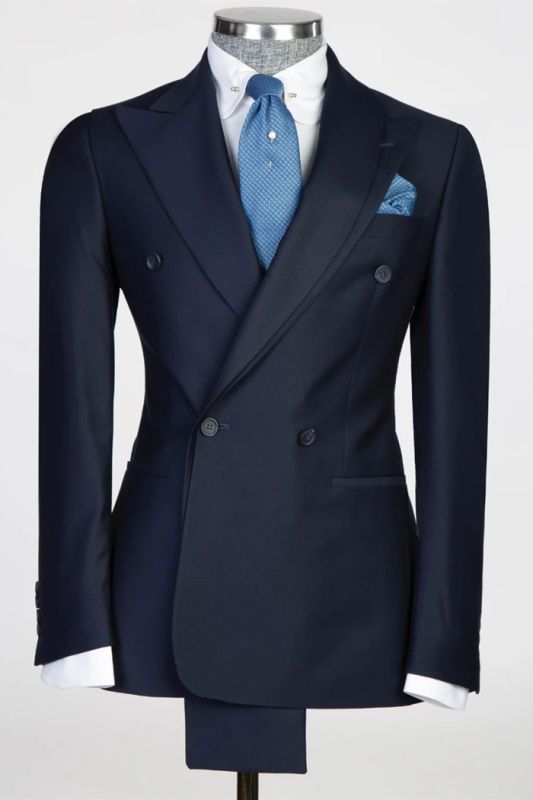Slim Fit Navy Peak Lapel Double Breasted Two Piece Prom Suit