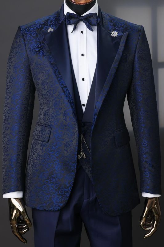 Groom Navy Blue Jacquard Wedding Three Piece Suit