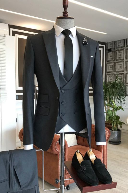Uriah Black Three Piece Point Lapel 3 Flap Double Breasted Vest Men Suit
