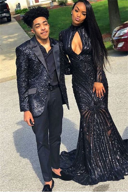 Black Sequin Men Suits Online | Unique Peak Lapel Two Piece Prom Suit