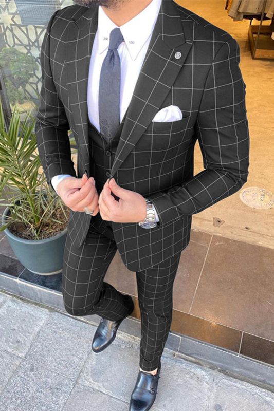Micheal Black Check Point Lapel Three Piece Men Suit