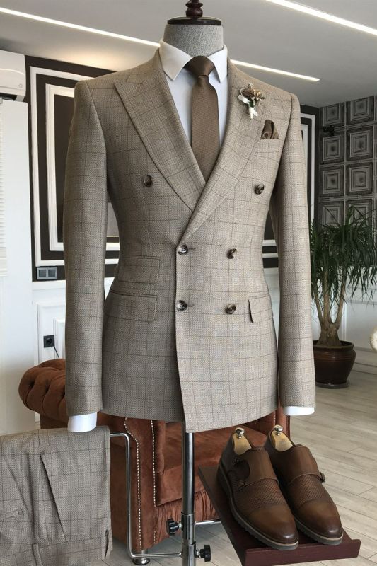 Solomon Newest Brown Plaid Double Breasted Point Lapel Formal Menwear