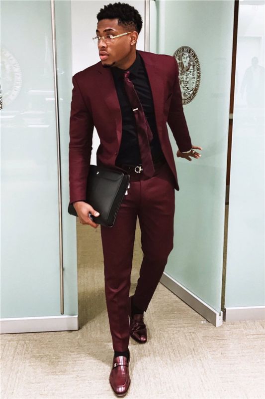Handsome Burgundy Men Business Suit | Slim Fit One Button Prom Outfit (Blazer Pants)