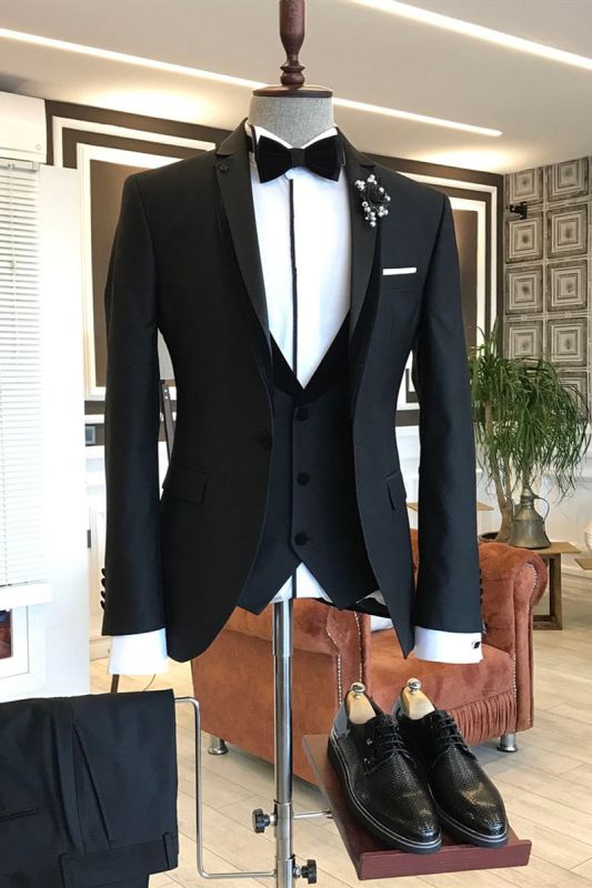 Devin Elegant Three Piece Black Notched Lapel Business Men Suit