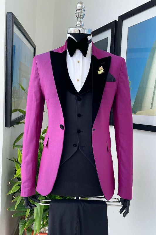 Three Piece Mens Suit With Fuchsia Velvet Lapels
