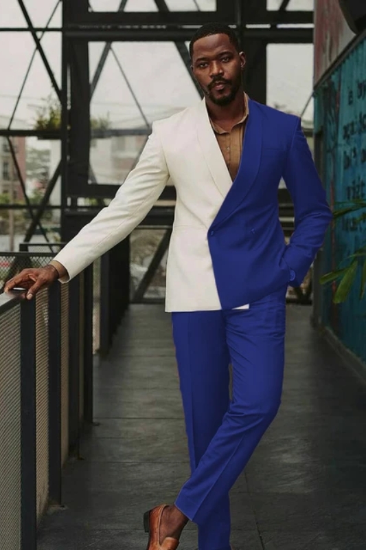 Andy Royal Blue And White Double Breasted Slim Fit Shawl Lapel Men Suits For Prom