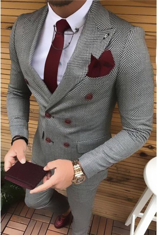 Black And White Bird Eye Double Breasted Tuxedo | Fashion Houndstooth Men Suits 2 Pieces