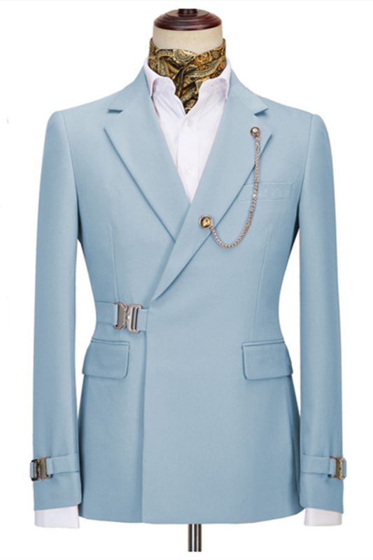 Fashion Sky Blue Notched Lapel Two Piece Business Men Suit