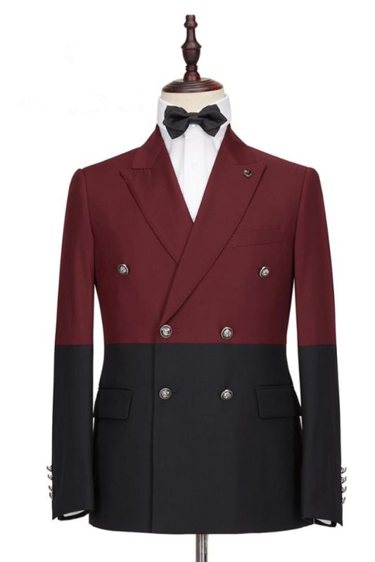 Emmanuel Stylish Burgundy And Black Double Breasted Point Lapel Men For Prom