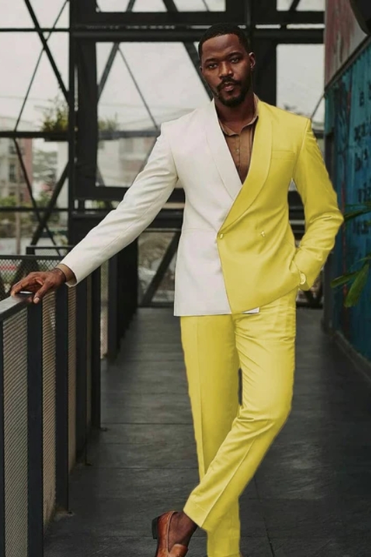 Double Color Glamorous Yellow Shawl Lapel Double Breasted Prom Suits