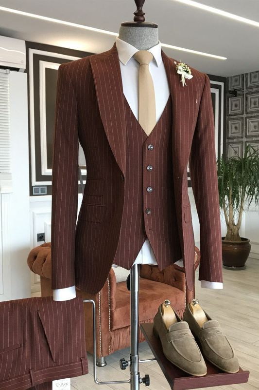 Elmer Newest Burgundy Three Piece Striped Point Lapel Business Suit For Men