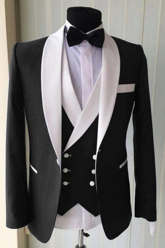 Wedding Groom White Lapel Shawl Lapel Classic Three Piece Black Men Suit For Formal