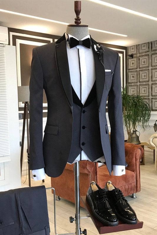 Elmer Classic Three Piece Black Notched Lapel Slim Fit Business Men Suit