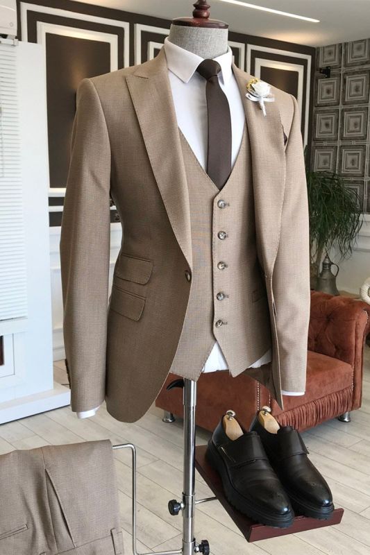 Jacob Formal Light Brown Three Piece Point Lapel Slim Fit Men Business Suit