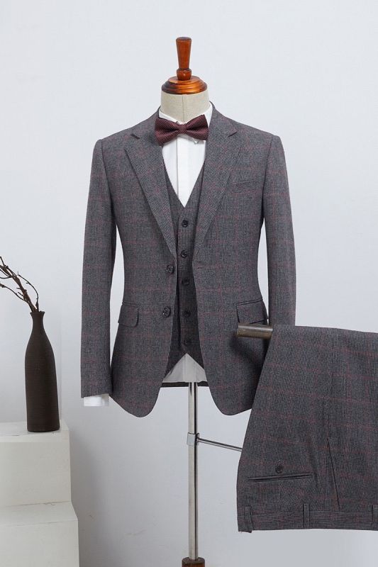 Baron Traditional Grey Plaid Notched Lapel 2 Button Custom Business Suit