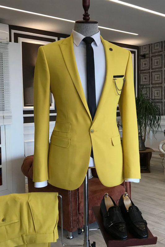 Solomon Yellow Pointed Lapel One Button 3 Flaps Prom Men Suit