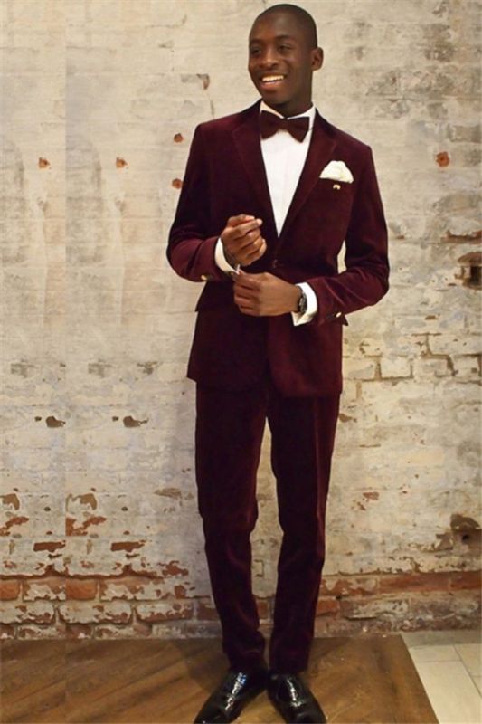Burgundy Velvet Notched Lapel Fashion Men Suit Online