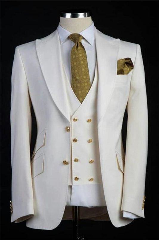 White Wedding Groom Suit | Men Custom Gold Button Tuxedo Three Piece | White Pant