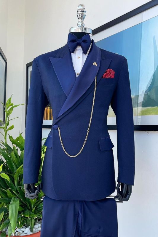 Brand New Double Lapel Side Single Button Navy Blue Mens Business Suit