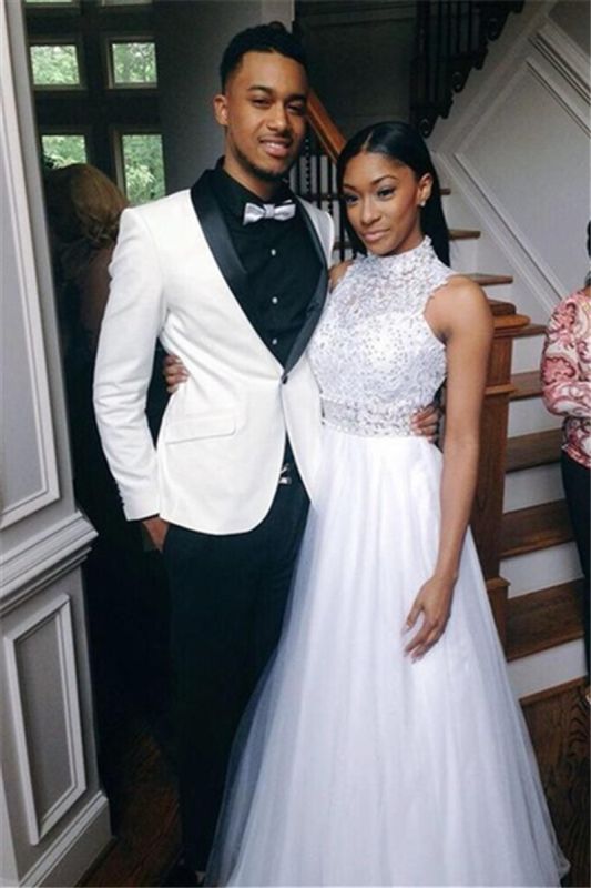 Two Piece Custom White Shawl Lapel Wedding Suit With One Button