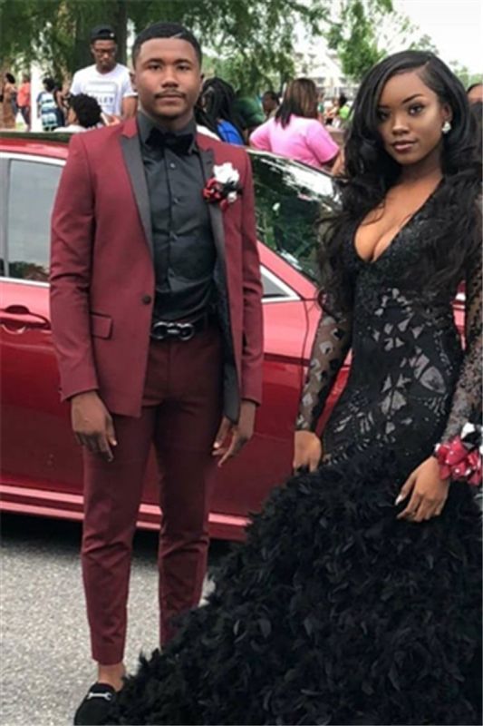 Custom Slim Fit Men Suits Online | Black Lapel Two Piece Prom Suit