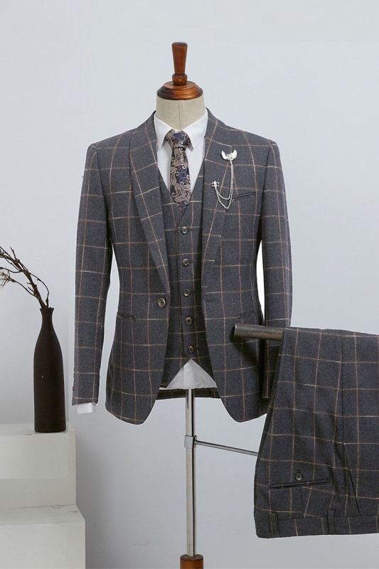 Barlow Stylish Dark Grey Plaid Three Piece Slim Fit Custom Business Suit