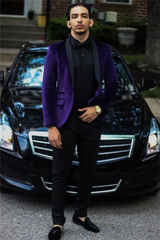 Purple Velvet Prom Suit | Black Lapel Two Piece Men Suit