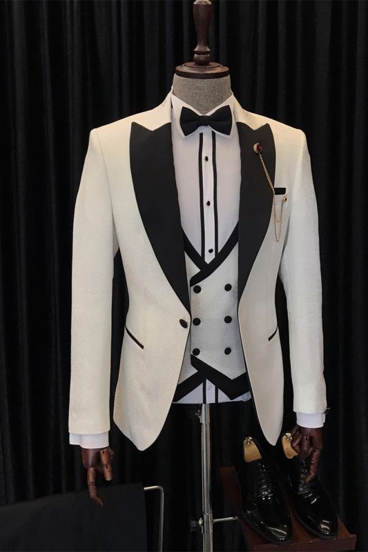 Anthony Stylish White Three Piece Wedding Men Suit With Black Point Lapel