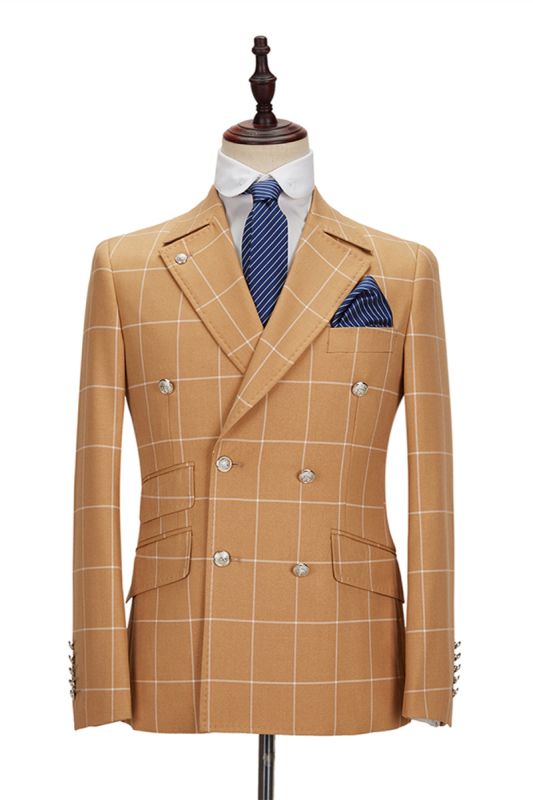 Peak Lapel Flap Pockets Double Breasted Plaid Orange Men Business Suit For Formal