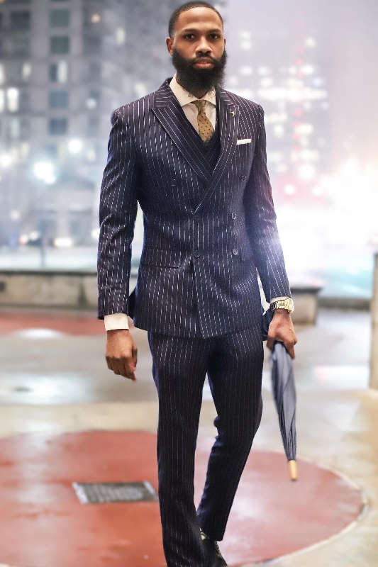 Formal Black Peaked Lapel Double Breasted Striped Business Suits