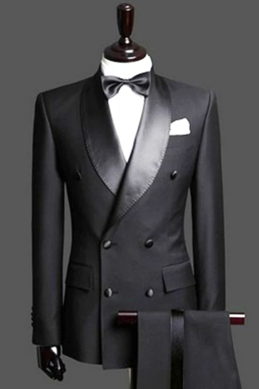 Black Double Breasted Wedding Suit Tuxedo |  Satin Lapel For Wedding/Prom 2 Pieces (Jacket   Pants)