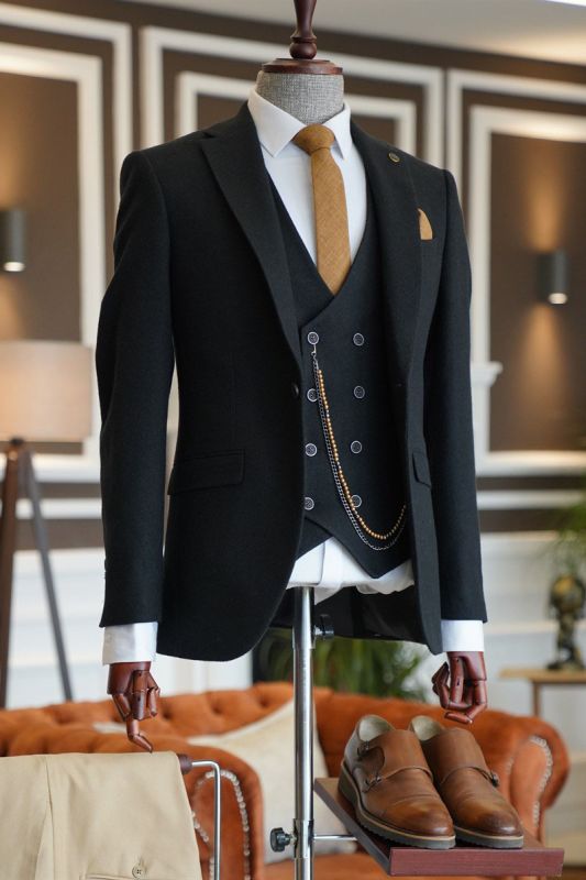 Patrick Formal Black Three Piece Notched Lapel Best Business Men Suit