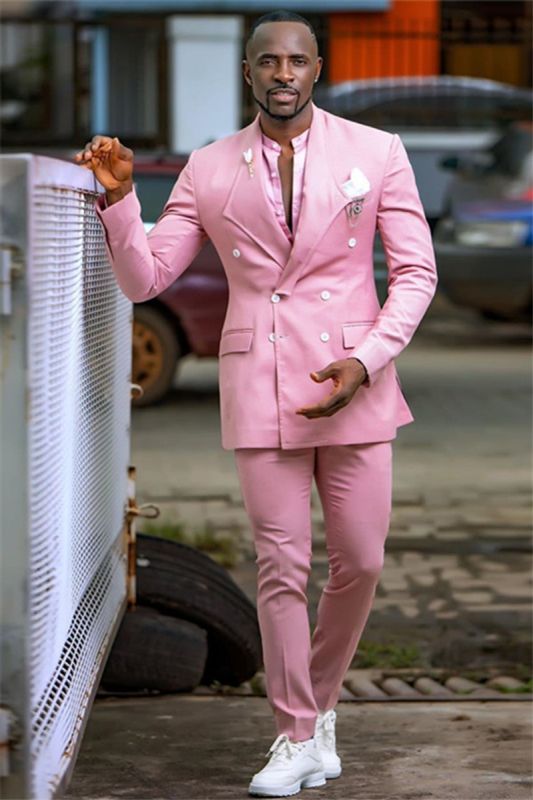 Trendy Hot Pink Double Breasted Slim Fit Prom Suit Online