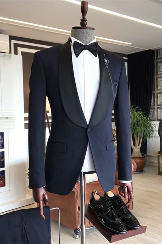 Fashion Shawl Lapel Three Piece Navy Blue Slim Fit One Button Wedding Men Suit