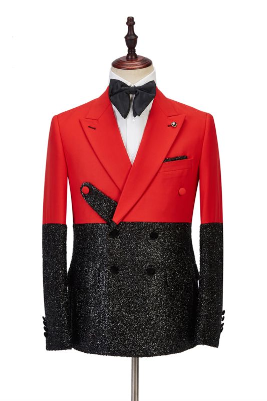 Peak Lapel Bright Red Stitching Sparkle Black Fashion Men Suit