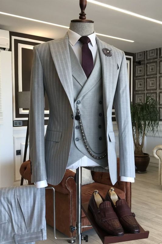 Lucien Newest Grey Three Piece Striped Point Lapel Business Suit For Men