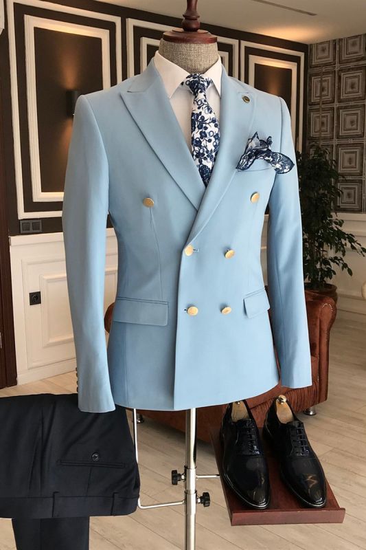 Leo Fashion Sky Blue Double Breasted Men Formal Business Tailored Suit