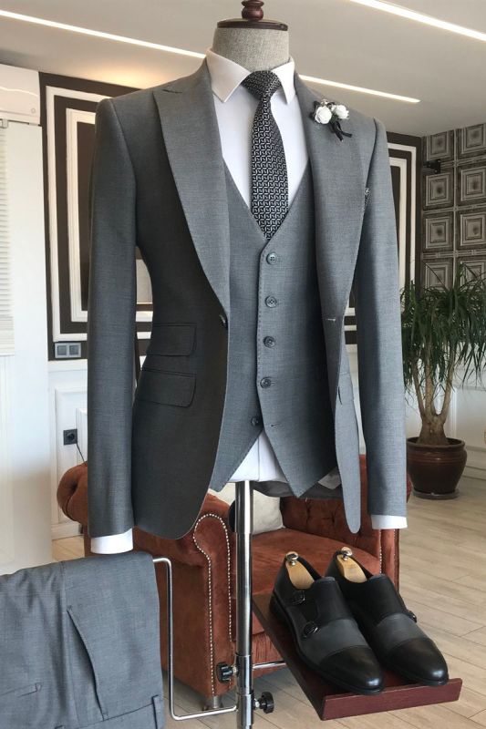 Derrick Grey Three Piece 3 Flaps Formal Business Men Suit