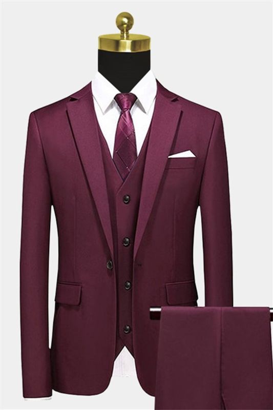 Armando Burgundy Suit Three Piece |  Peak Lapel Men Wearhouse Tuxedo