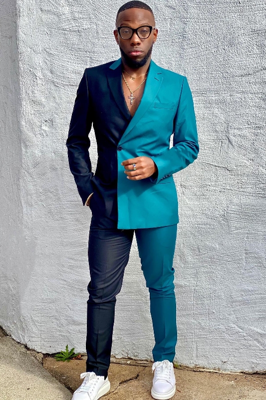 Chic Dark Navy And Ocean Blue Notched Lapel Double Breasted Two Prom Suits