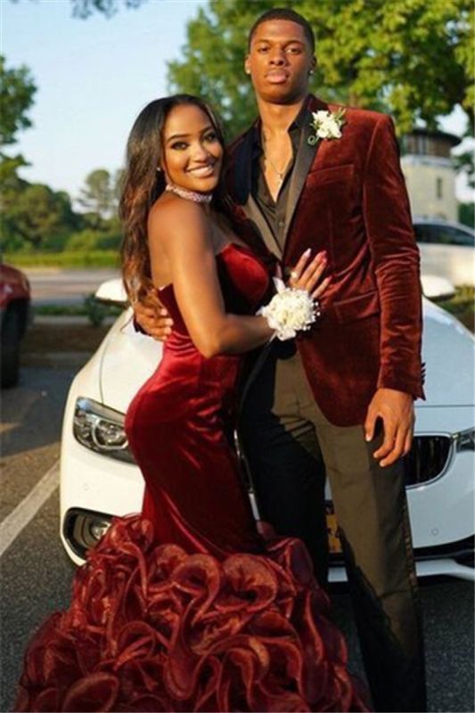 New Men Red Velvet Slim Fit Black Shawl Lapel Prom Costume