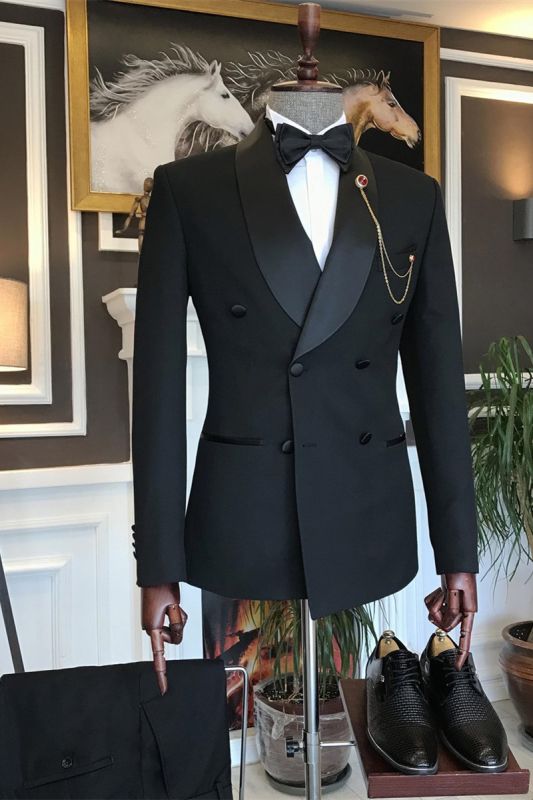Abner Fashion Black Double Breasted Slim Fit Men Suit Cape Lapel