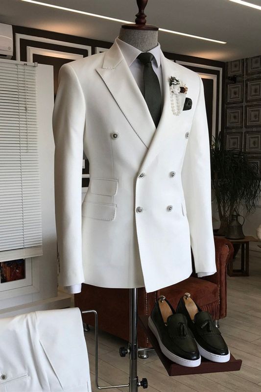 Les Stylish White Point Lapel Double Breasted Formal Business Men Suit