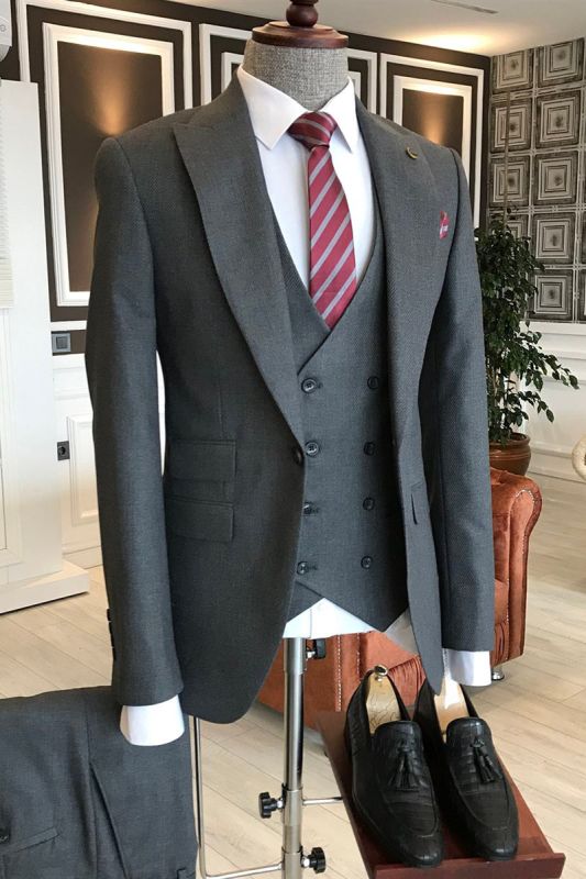 Adolph Gentle Dark Grey Wool Three Piece Point Lapel Business Men Suit