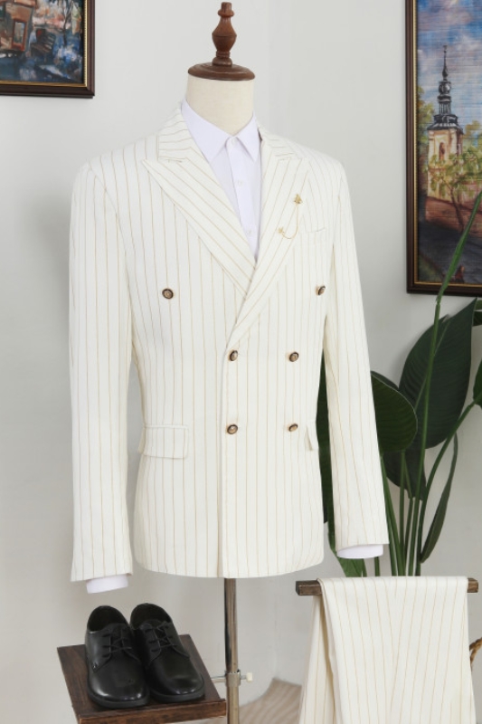 Elegant Ivory Striped Peaked Lapel Double Breasted Mens Prom Two Piece Suit